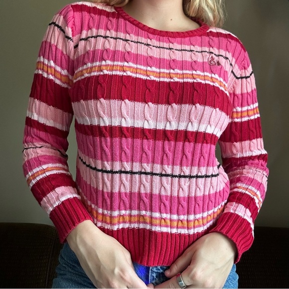 2000s Y2K Liz Claiborne Pink Striped Embroidered Cable Knit Sweater - Picture 1 of 9